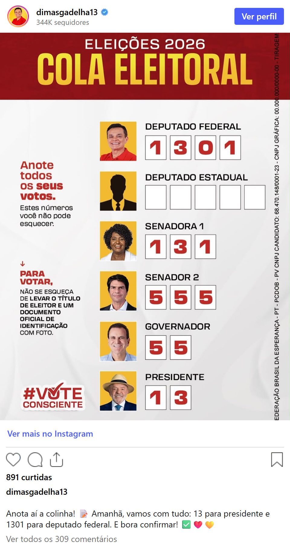 Print arquivado do post de Dimas Gadelha em 03/10/2026