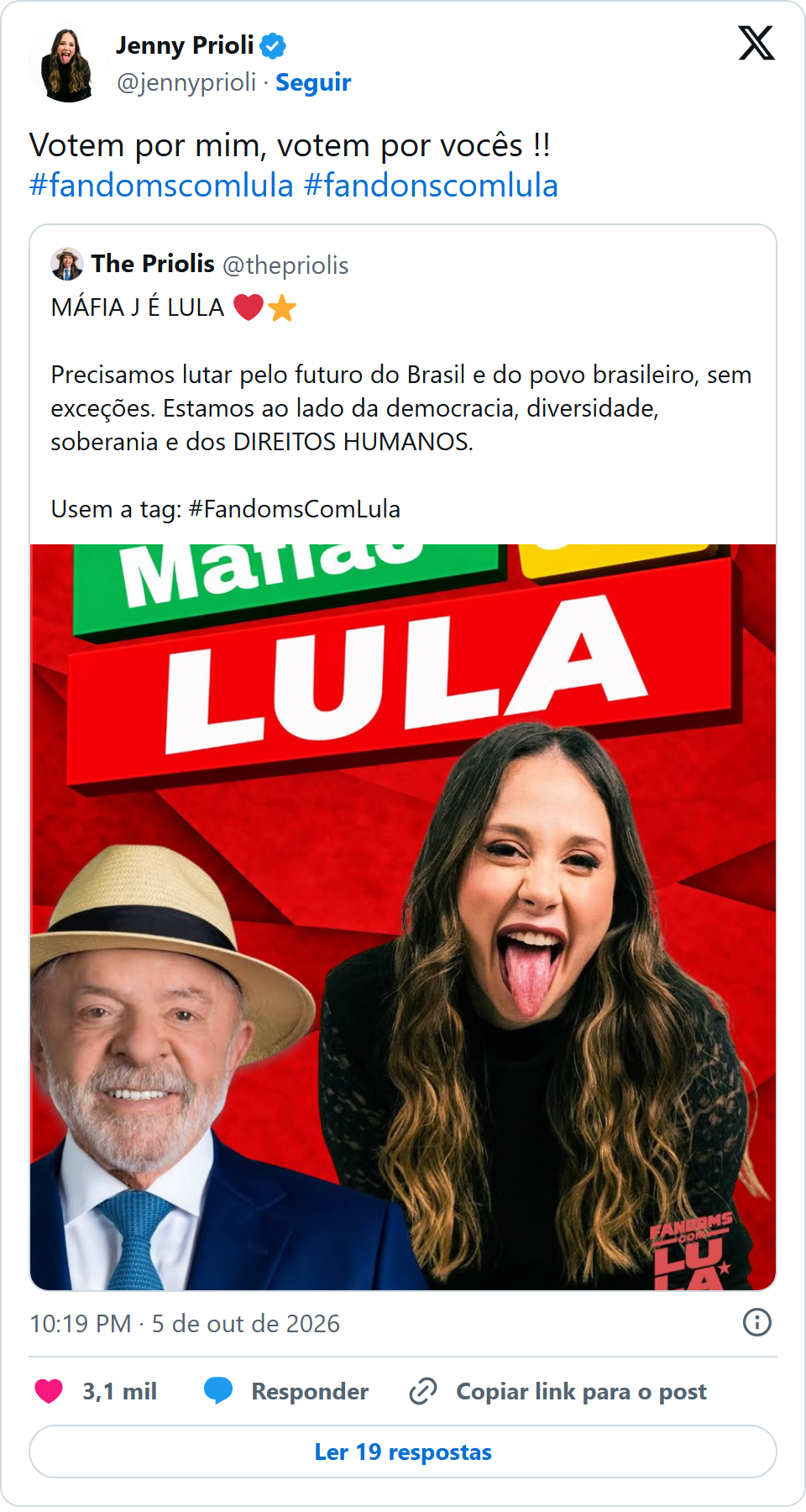 Print arquivado do post de Jennifer Prioli em 05/10/2026