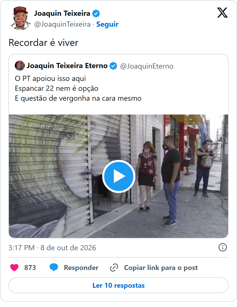 Print arquivado do post de Joaquin Teixeira em 08/10/2026
