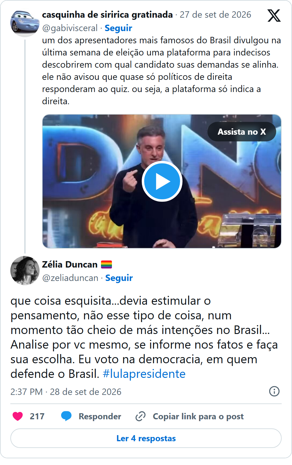 Print arquivado do post de Zélia Duncan em 28/09/2026