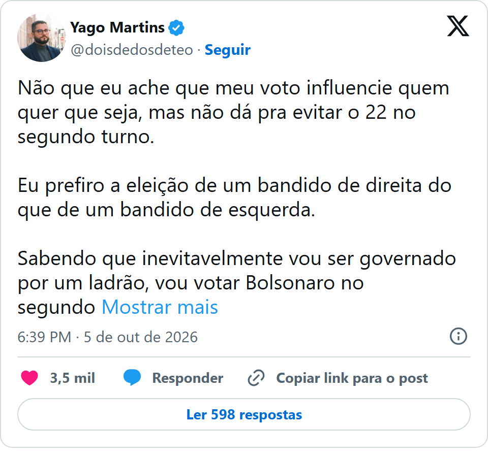 Print arquivado do post de Yago Martins em 05/10/2026