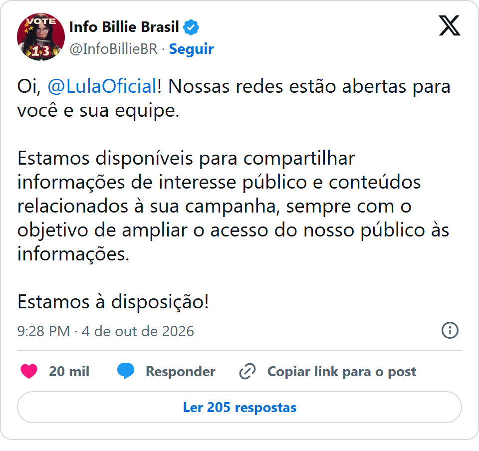 Print arquivado do post de Info Billie Brasil em 04/10/2026
