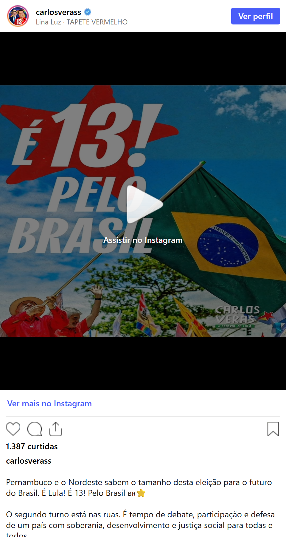 Print arquivado do post de Carlos Veras em 05/10/2026