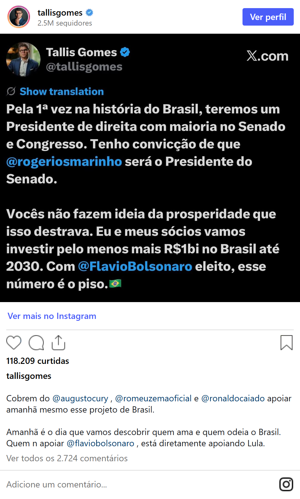 Print arquivado do post de Tallis Gomes em 04/10/2026
