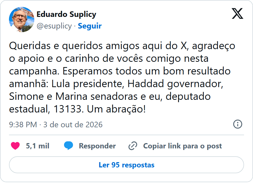 Print arquivado do post de Eduardo Suplicy em 03/10/2026