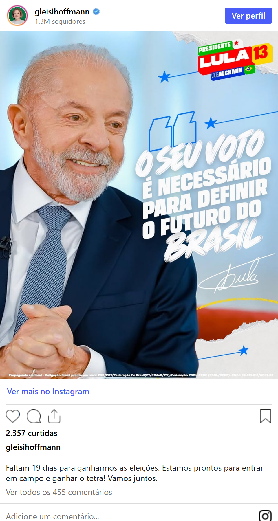 Print arquivado do post de Gleisi Hoffmann em 06/10/2026