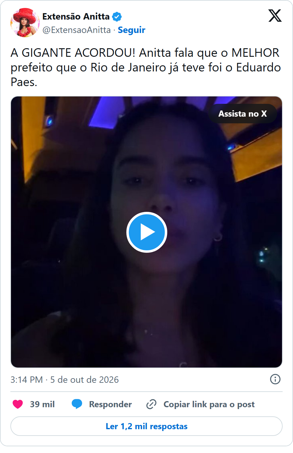 Print arquivado do post de Anitta em 05/10/2026