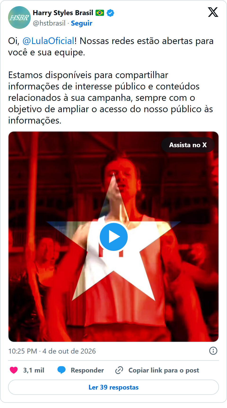Print arquivado do post de Harry Styles Brasil em 04/10/2026