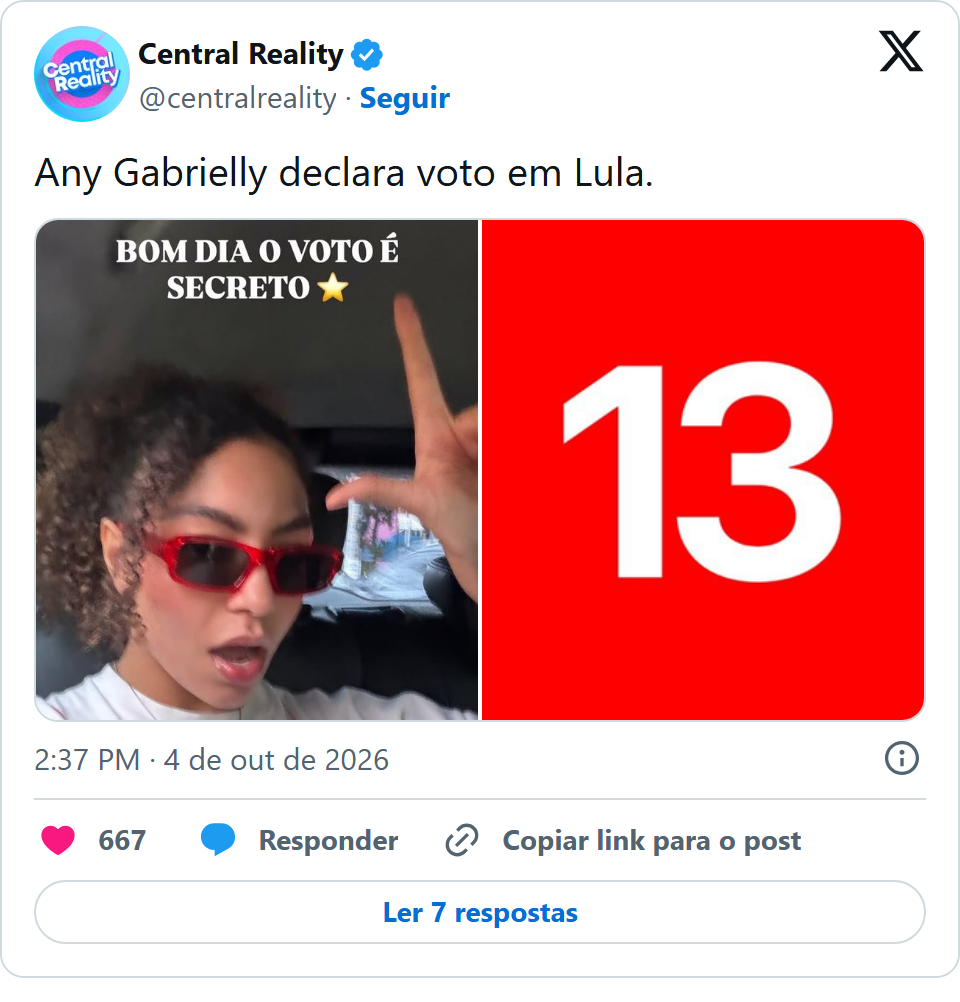 Print arquivado do post de Any Gabrielly em 04/10/2026