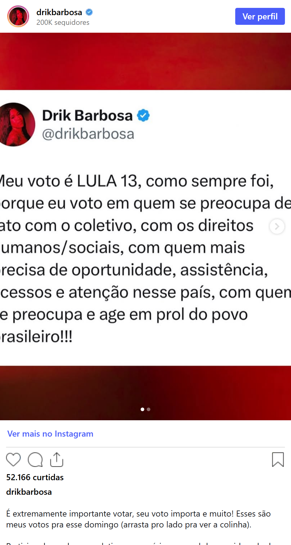Print arquivado do post de Drik Barbosa em 02/10/2026