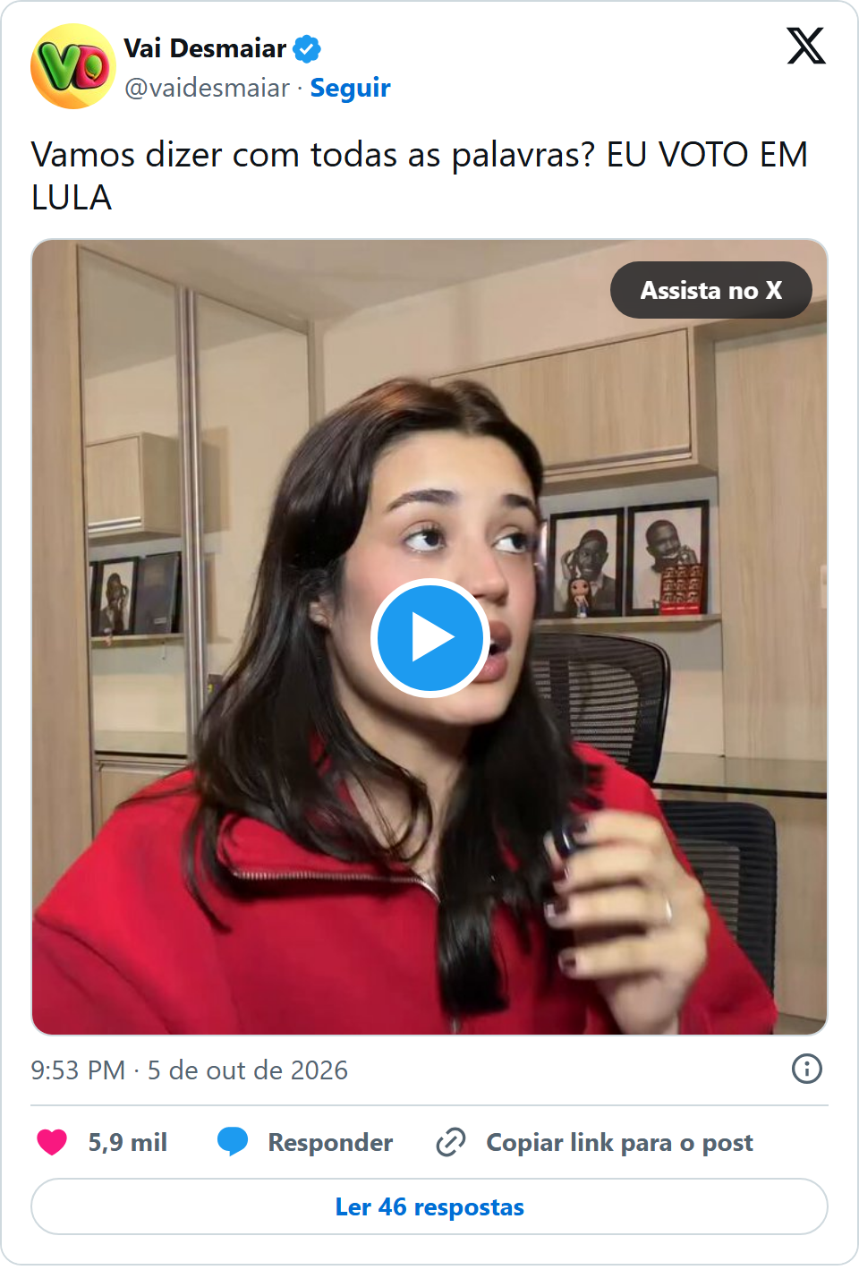Print arquivado do post de Vai Desmaiar em 05/10/2026
