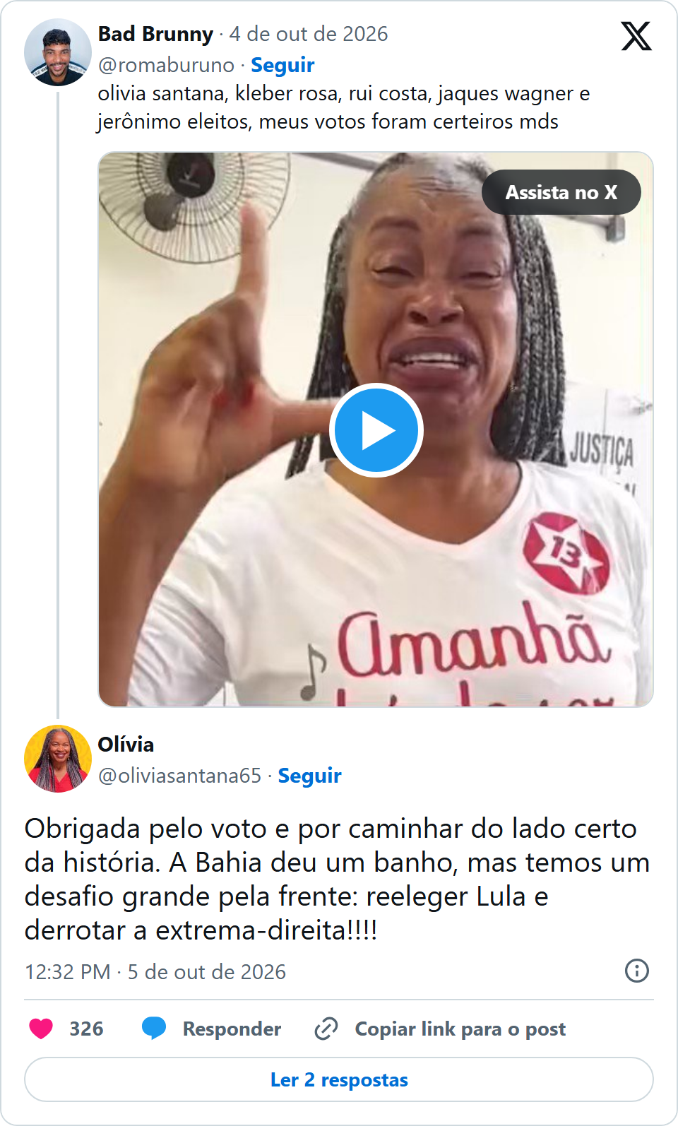 Print arquivado do post de Olivia (PCdoB-BA) em 05/10/2026
