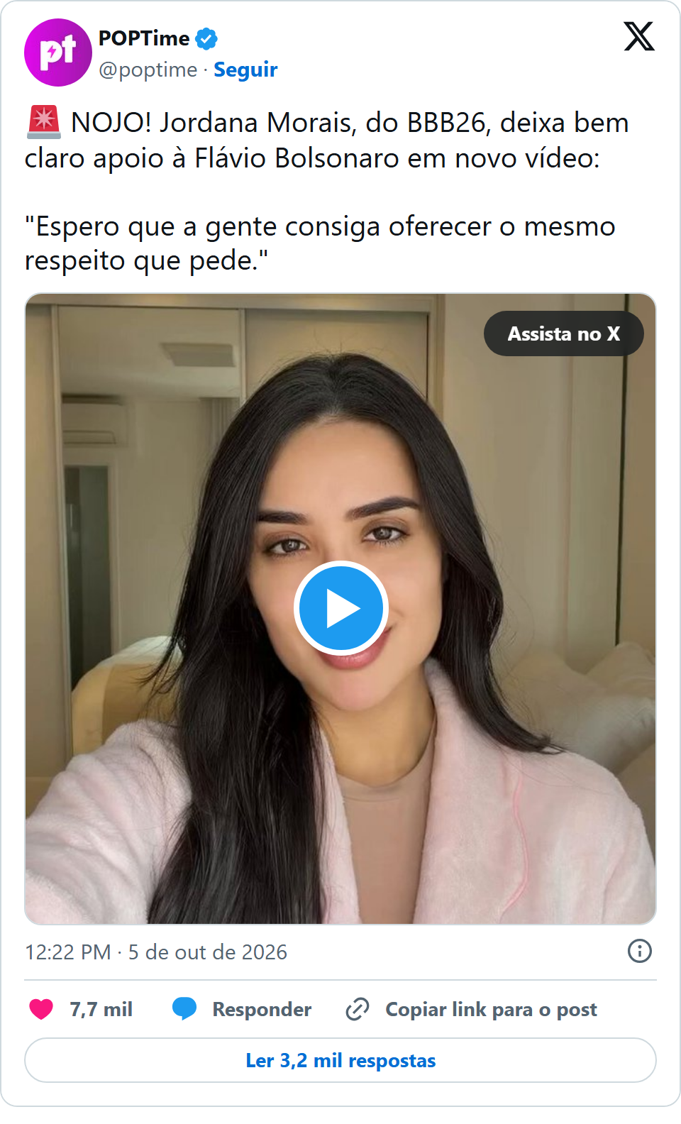 Print arquivado do post de Jordana Morais em 05/10/2026