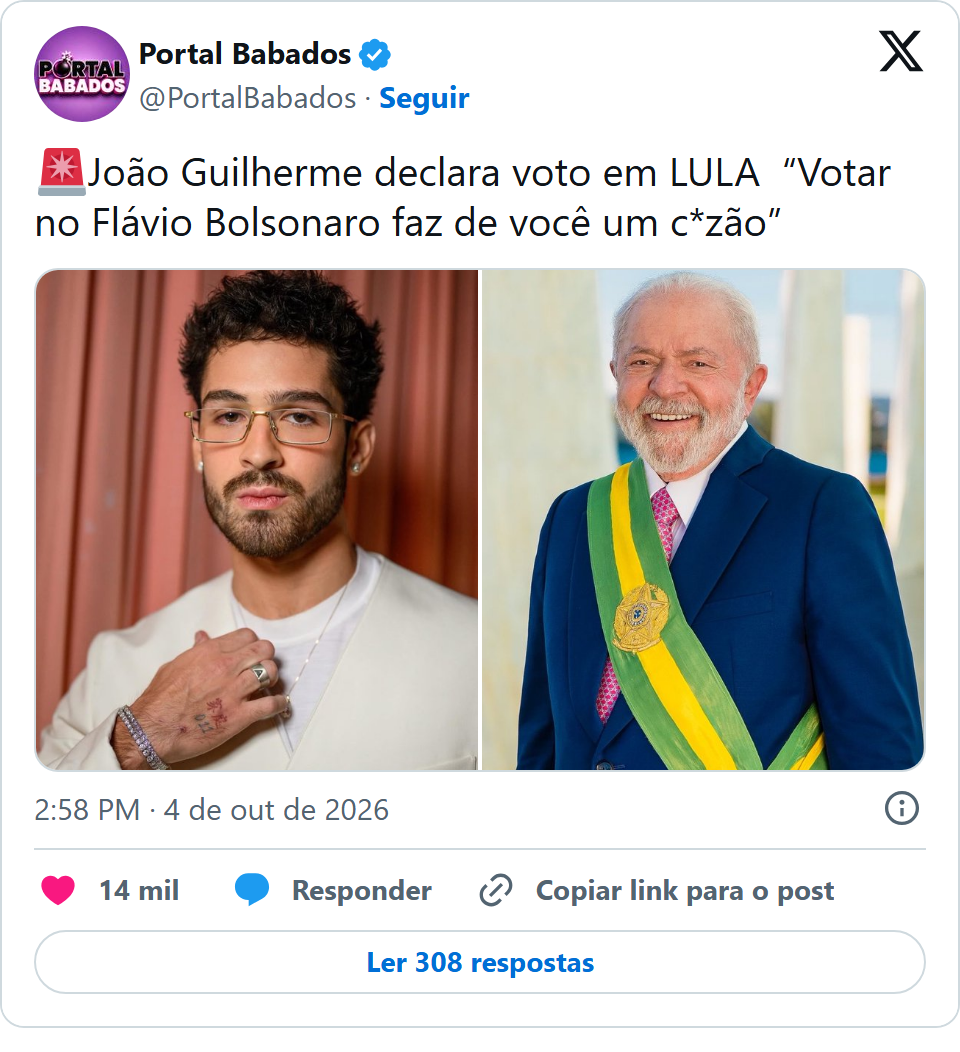 Print arquivado do post de João Guilherme em 04/10/2026
