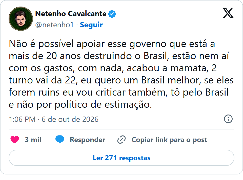 Print arquivado do post de Netenho em 06/10/2026