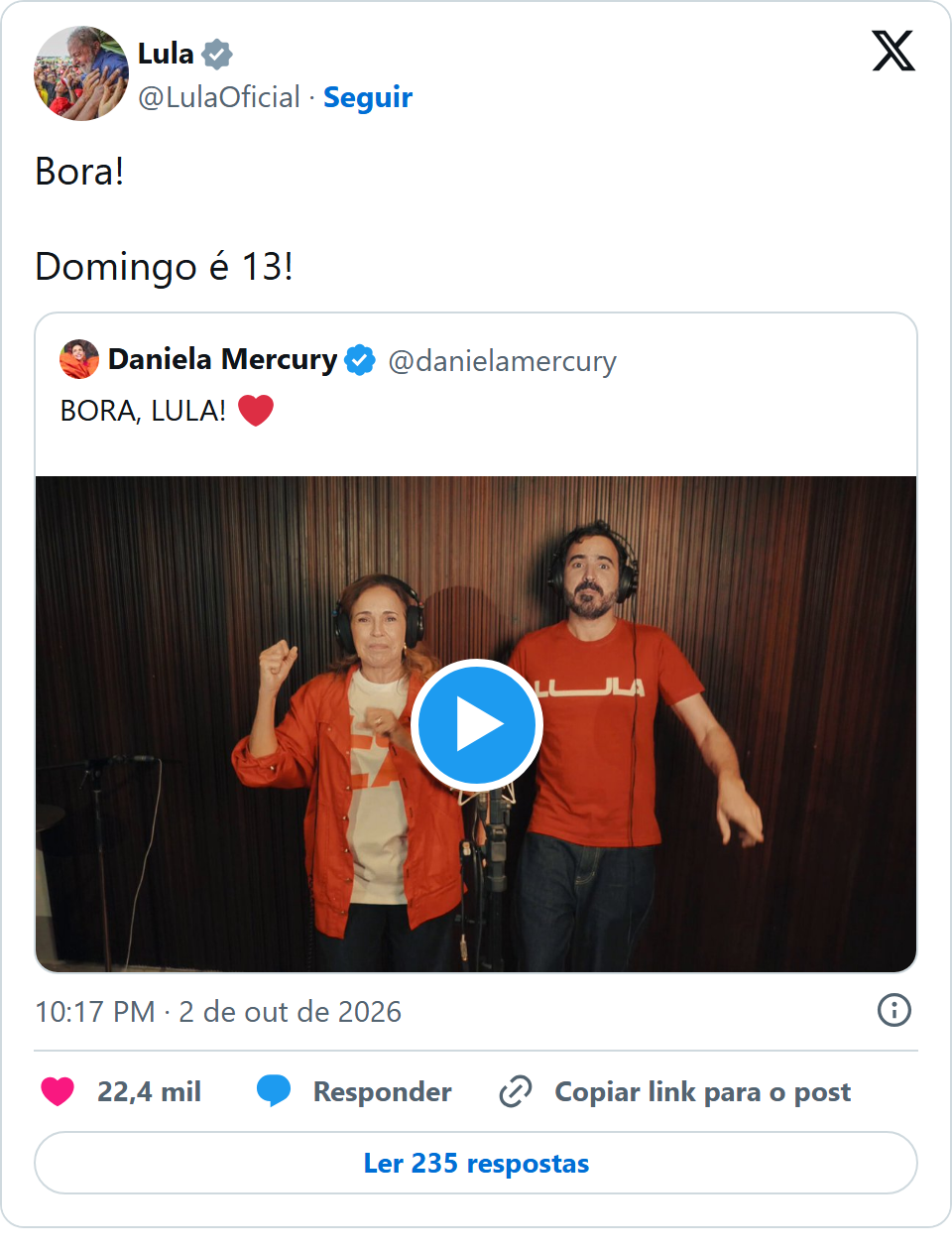 Print arquivado do post de Daniela Mercury em 02/10/2026