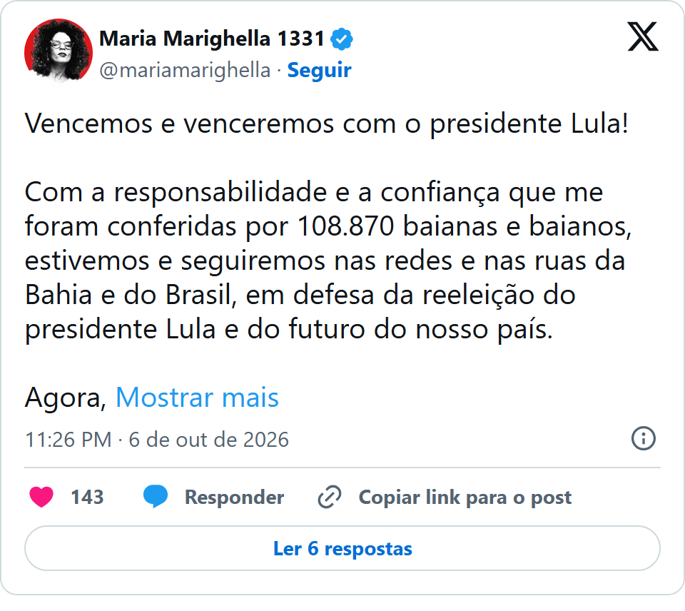 Print arquivado do post de Maria Marighella em 06/10/2026