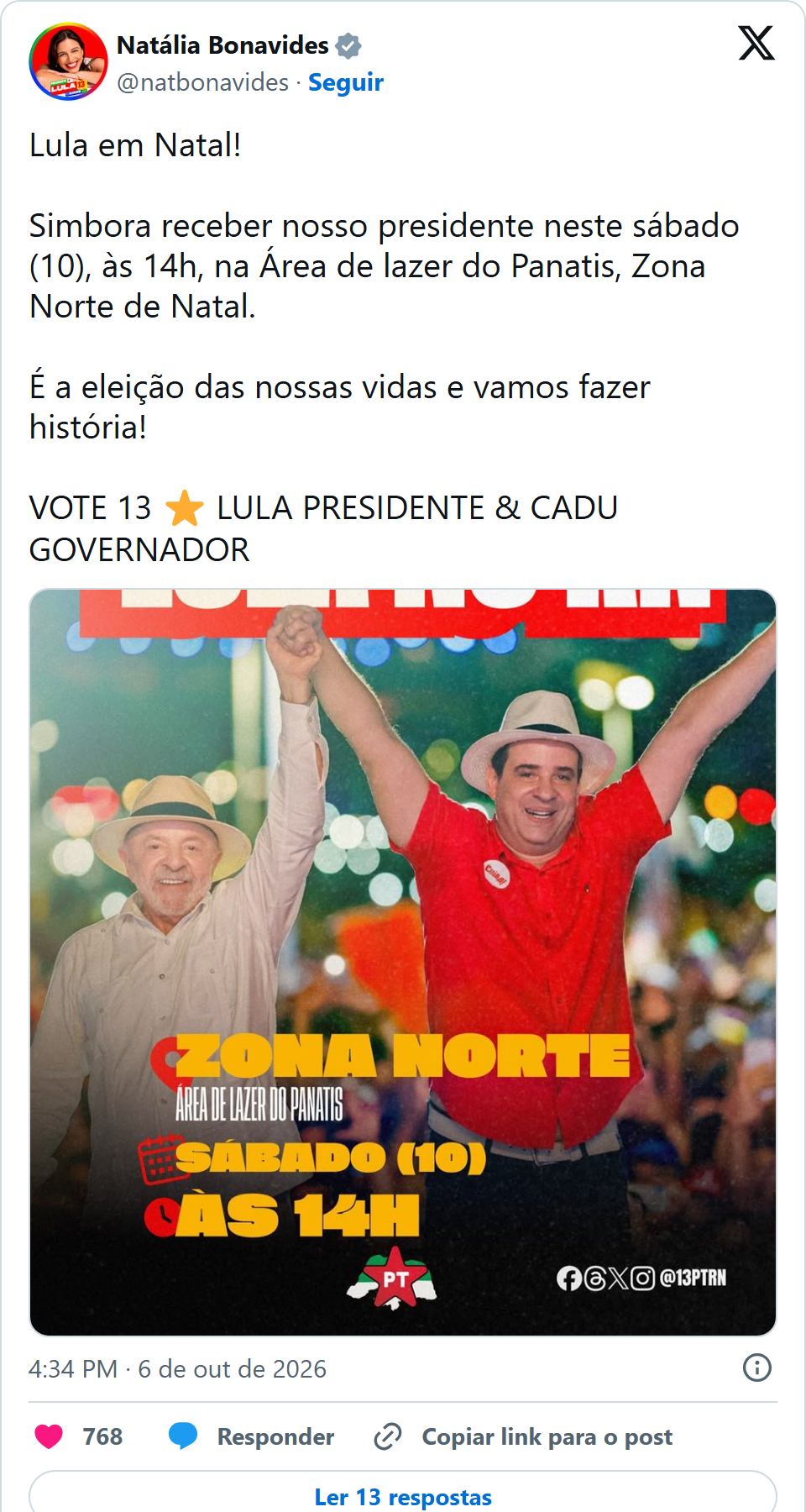 Print arquivado do post de Natália Bonavides em 06/10/2026