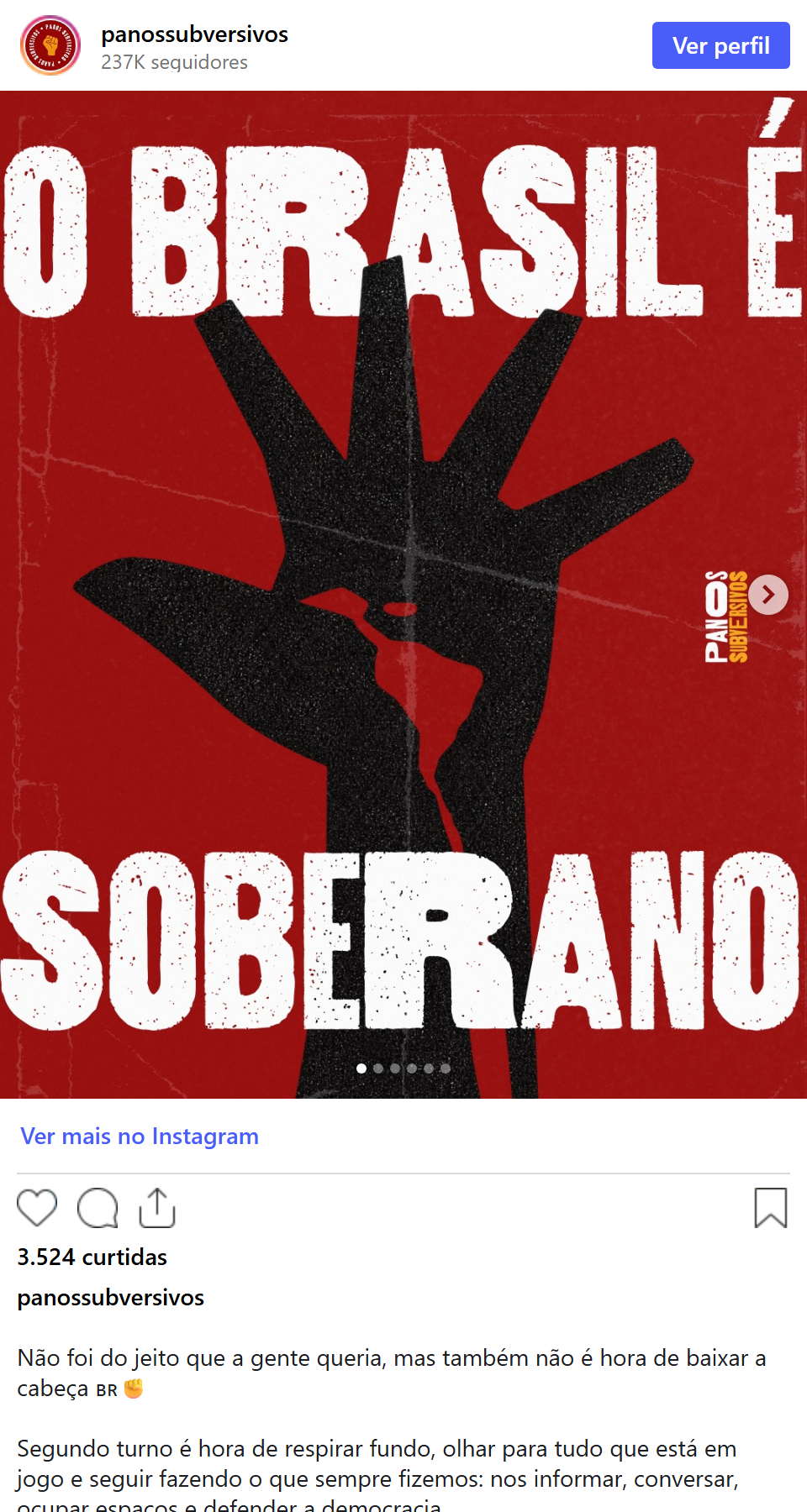 Print arquivado do post de Panos Subversivos em 04/10/2026