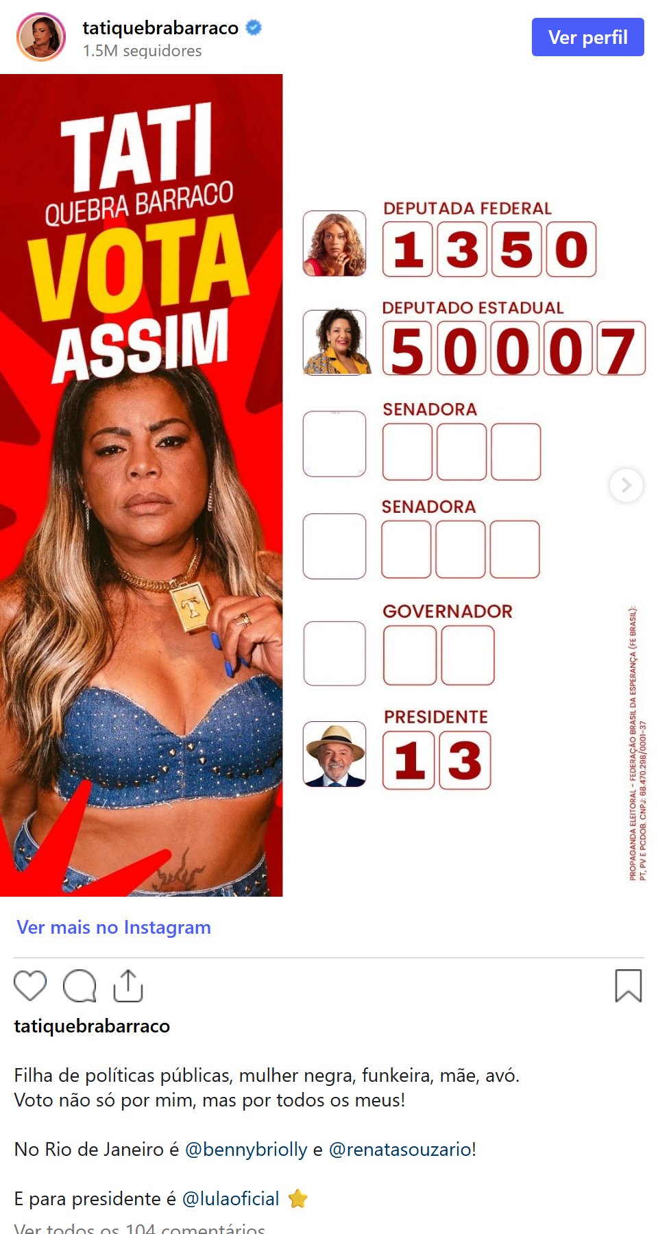 Print arquivado do post de Tati Quebra Barraco em 03/10/2026