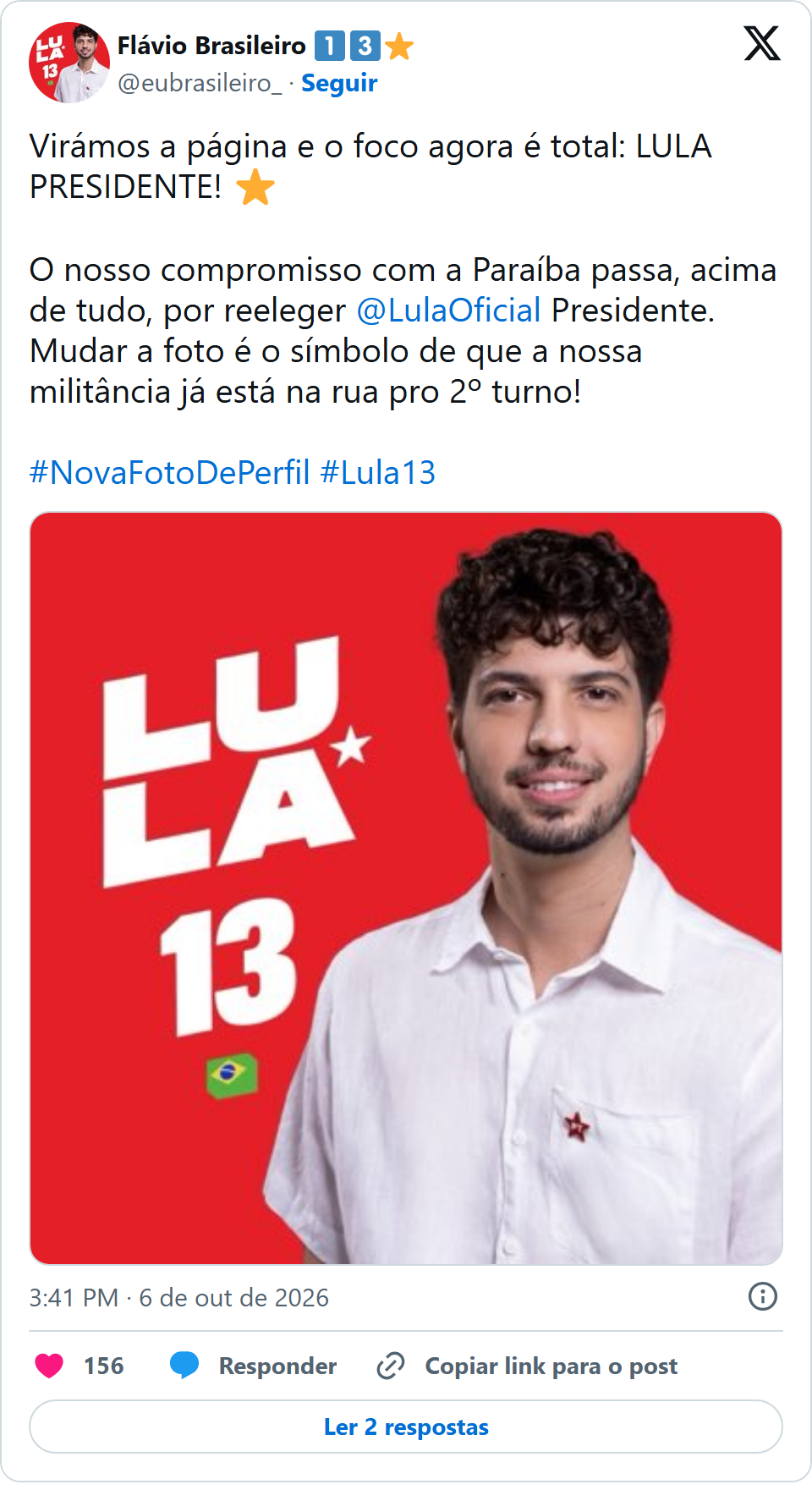 Print arquivado do post de Flávio Brasileiro em 06/10/2026
