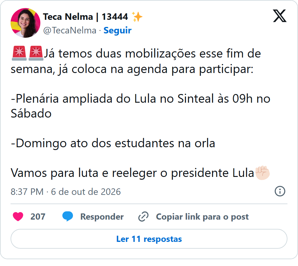 Print arquivado do post de Teca Nelma em 06/10/2026