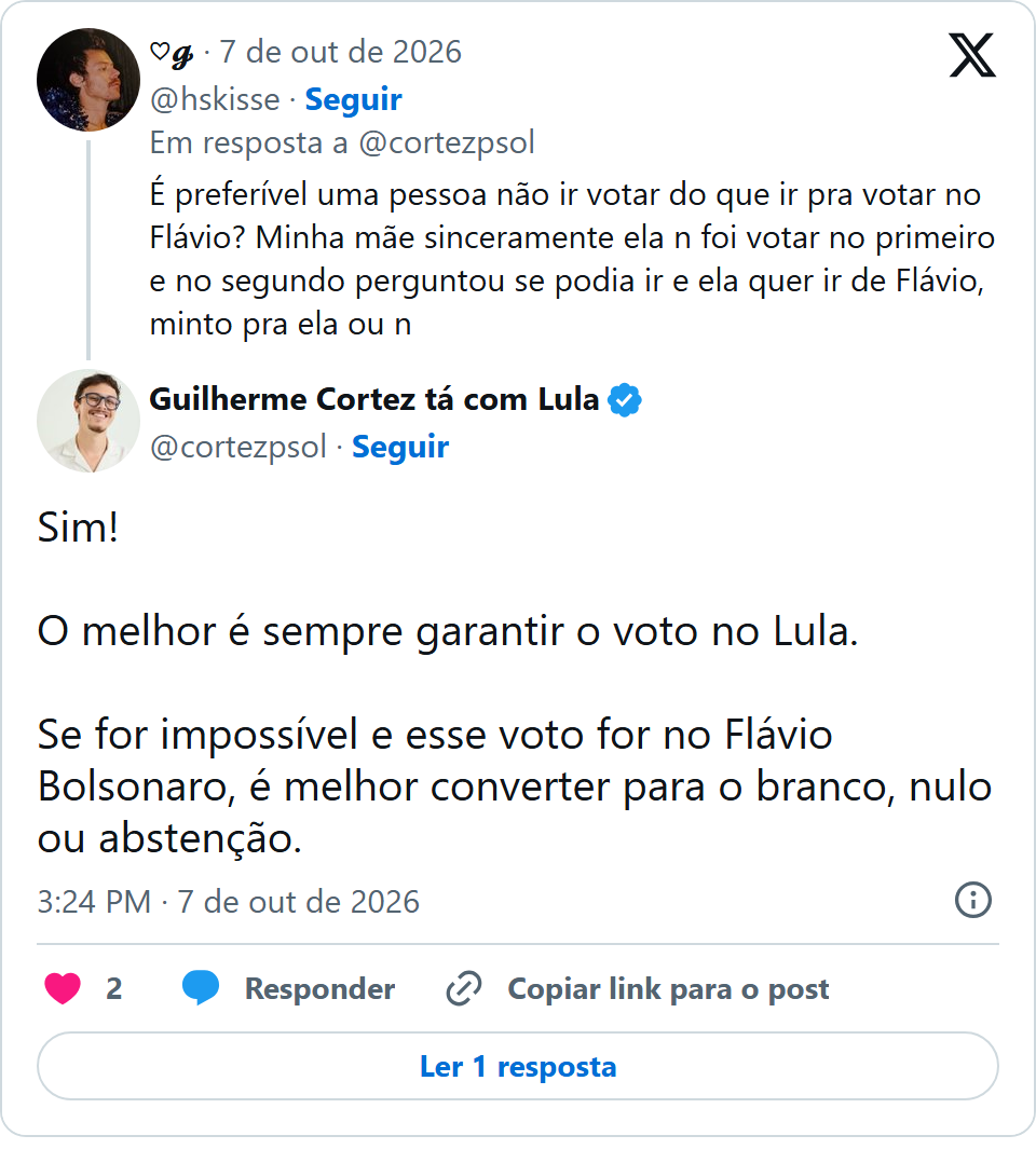 Print arquivado do post de Guilherme Cortez em 07/10/2026