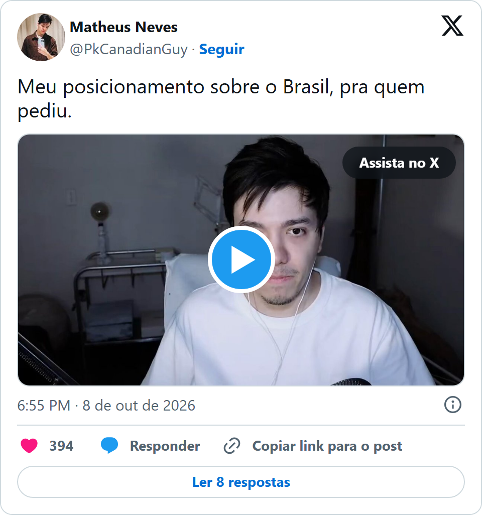 Print arquivado do post de Matheus Neves (PkCanadianGuy) em 08/10/2026