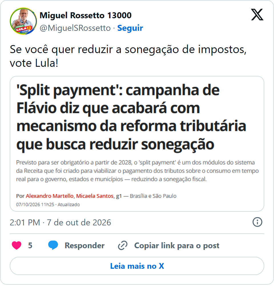 Print arquivado do post de Miguel Rossetto em 07/10/2026