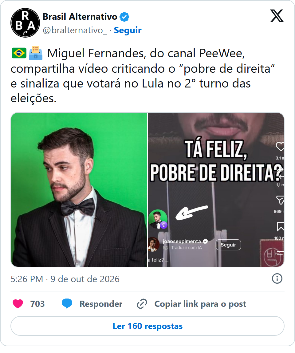 Print arquivado do post de Miguel Fernandes (PeeWee) em 09/10/2026