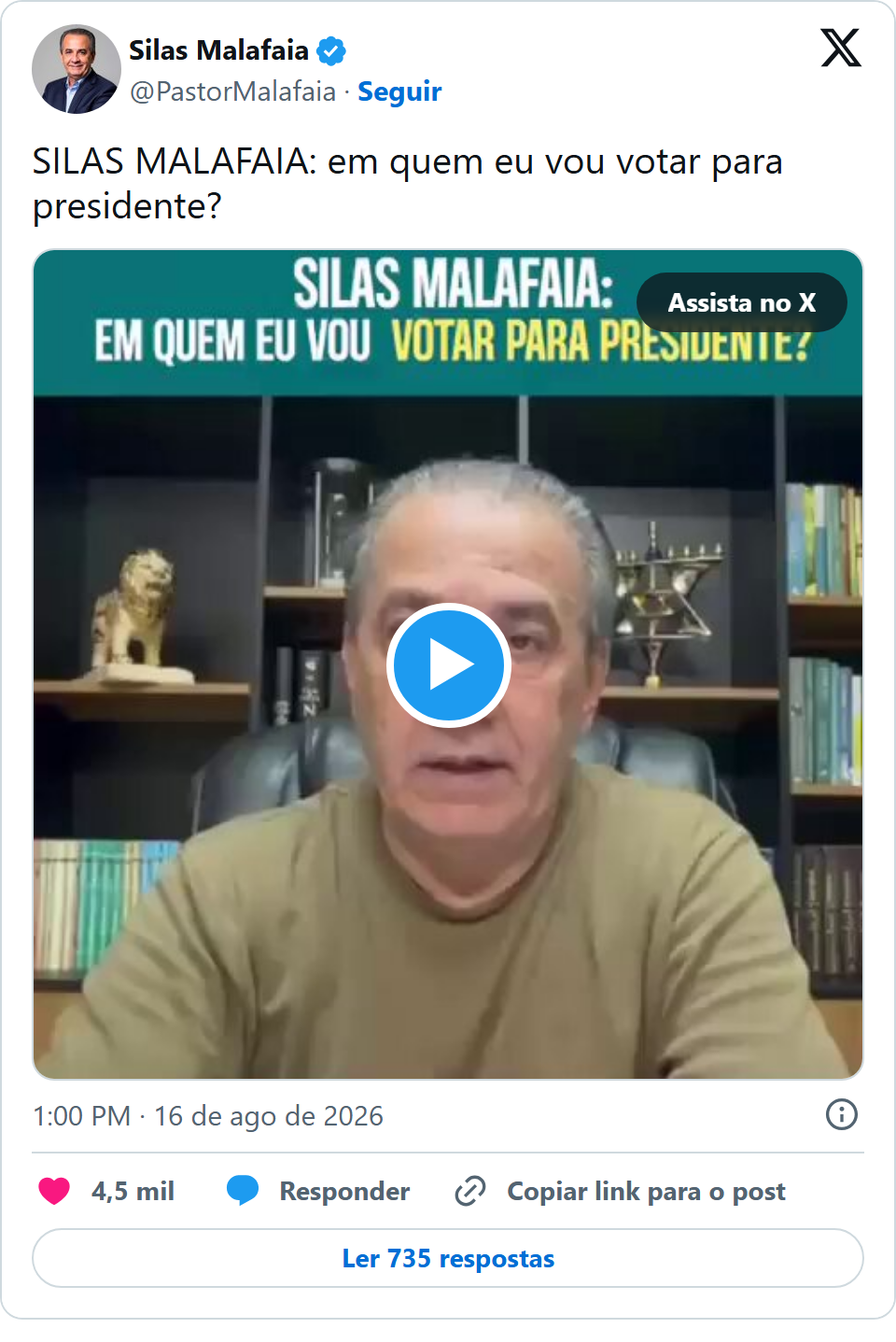 Print arquivado do post de Silas Malafaia em 16/08/2026