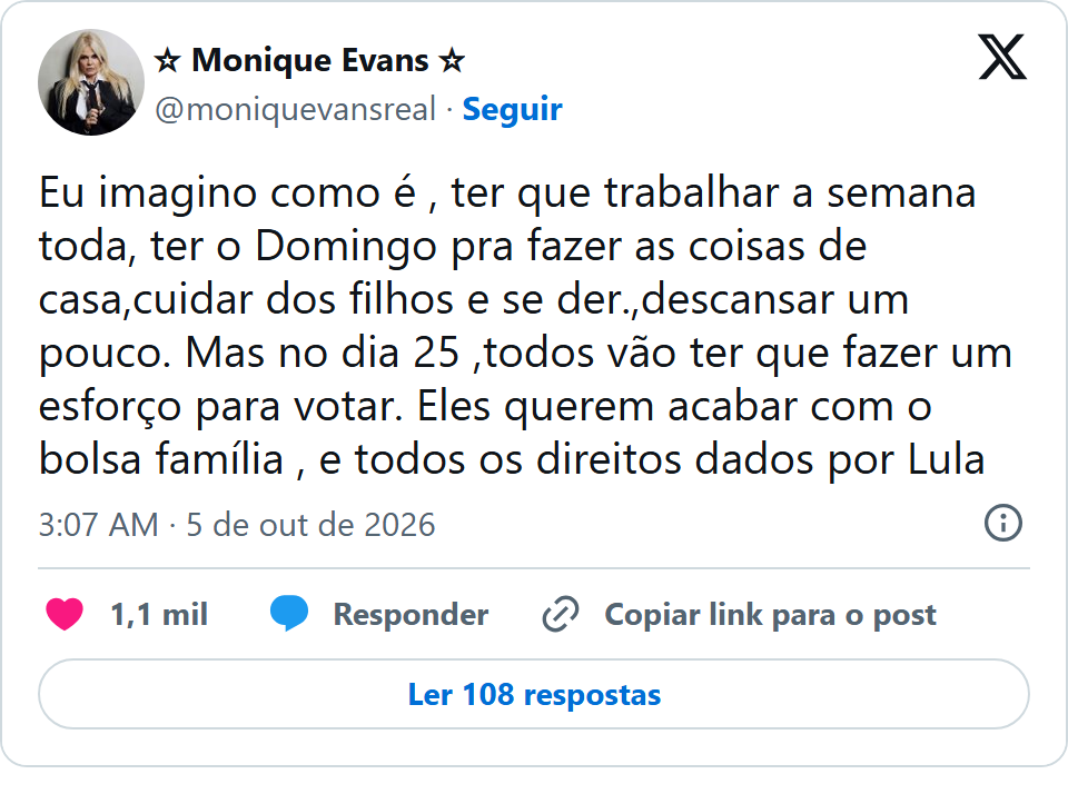 Print arquivado do post de Monique Evans em 05/10/2026