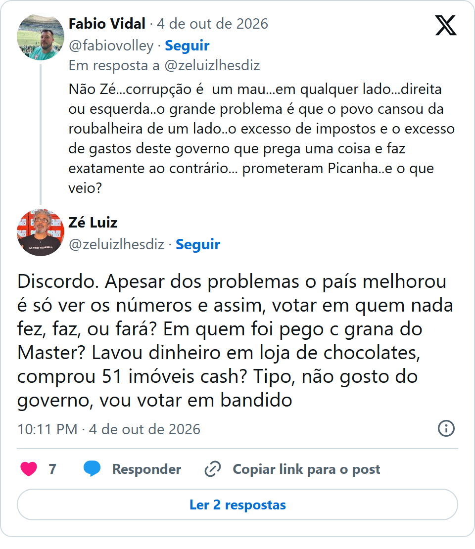 Print arquivado do post de Zé Luiz em 04/10/2026