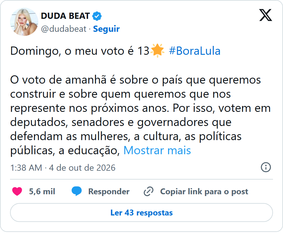 Print arquivado do post de DUDA BEAT em 04/10/2026