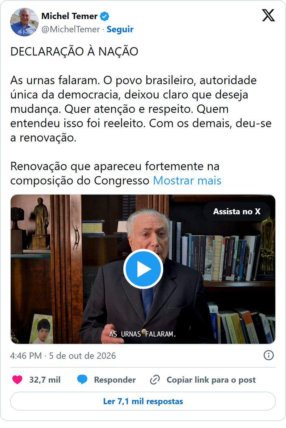 Print arquivado do post de Michel Temer em 05/10/2026
