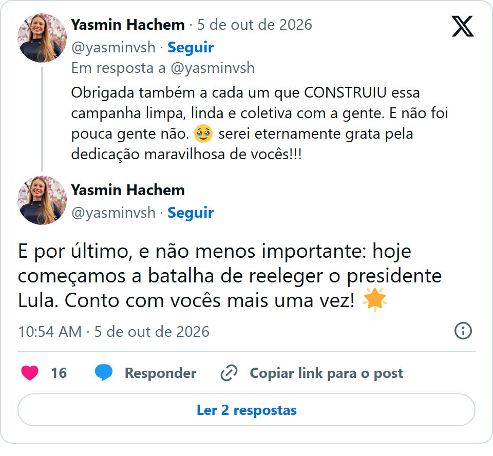 Print arquivado do post de Yasmin Hachem em 05/10/2026