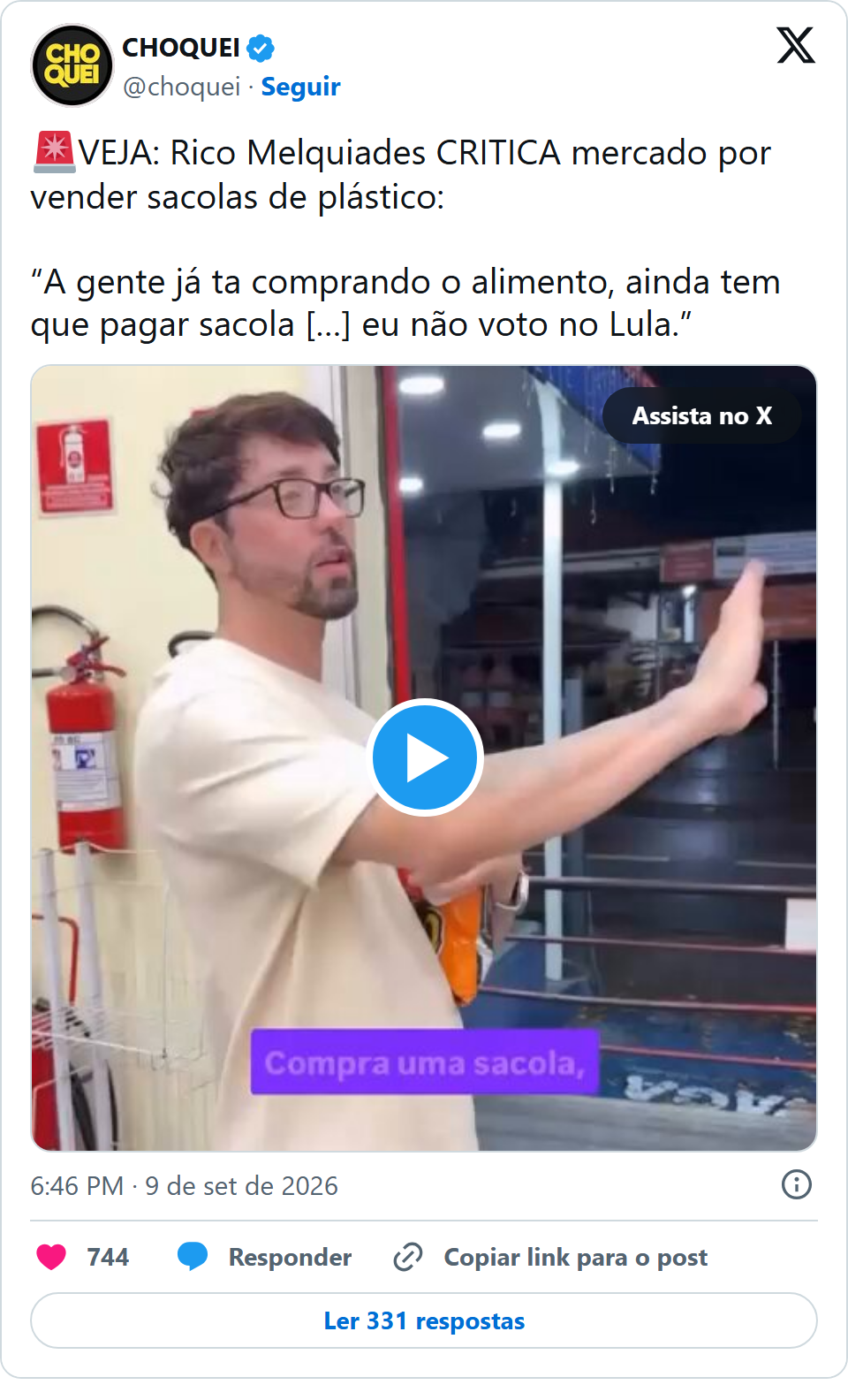 Print arquivado do post de Rico Melquiades em 09/09/2026