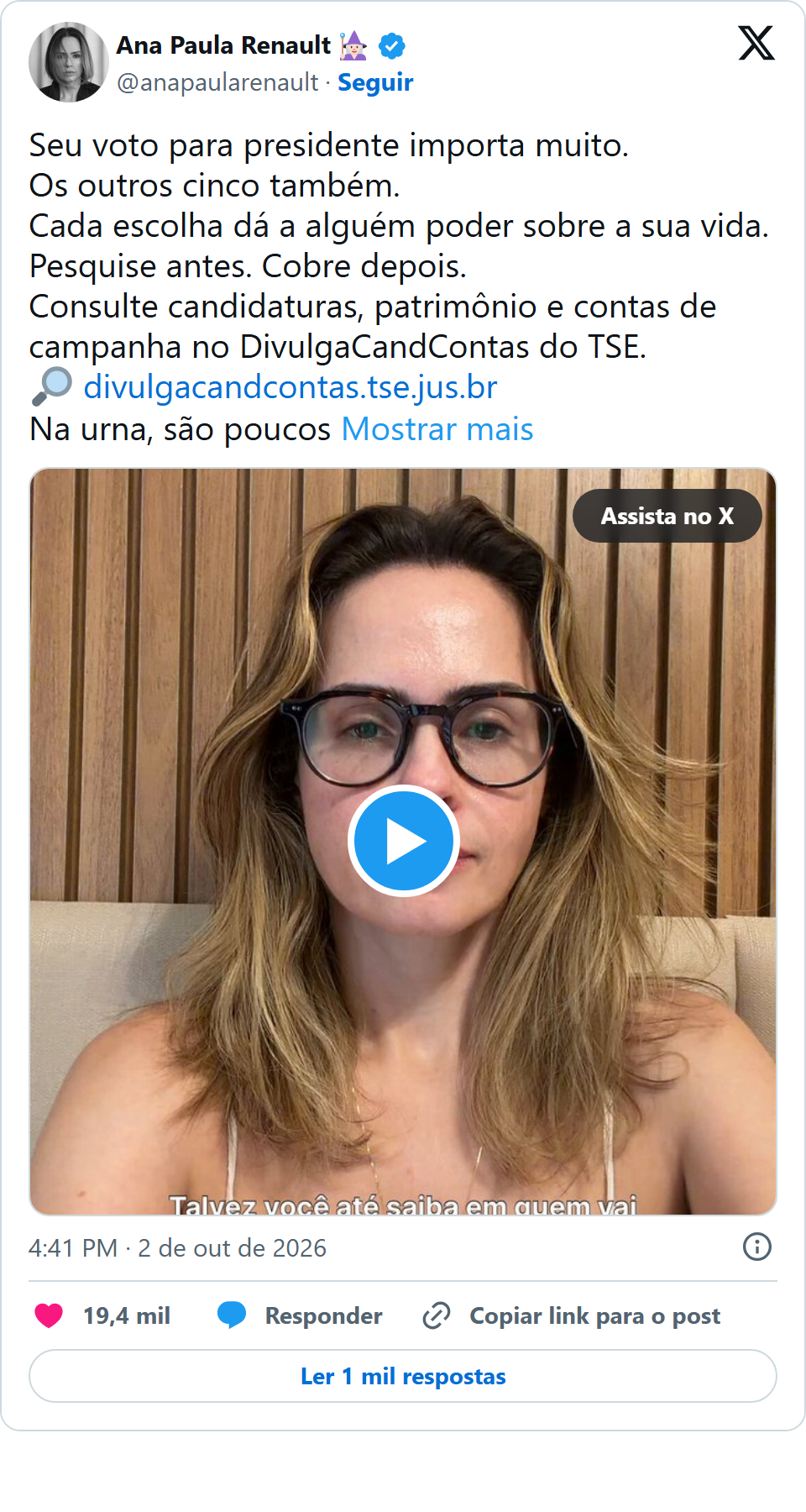 Print arquivado do post de Ana Paula Renault em 02/10/2026