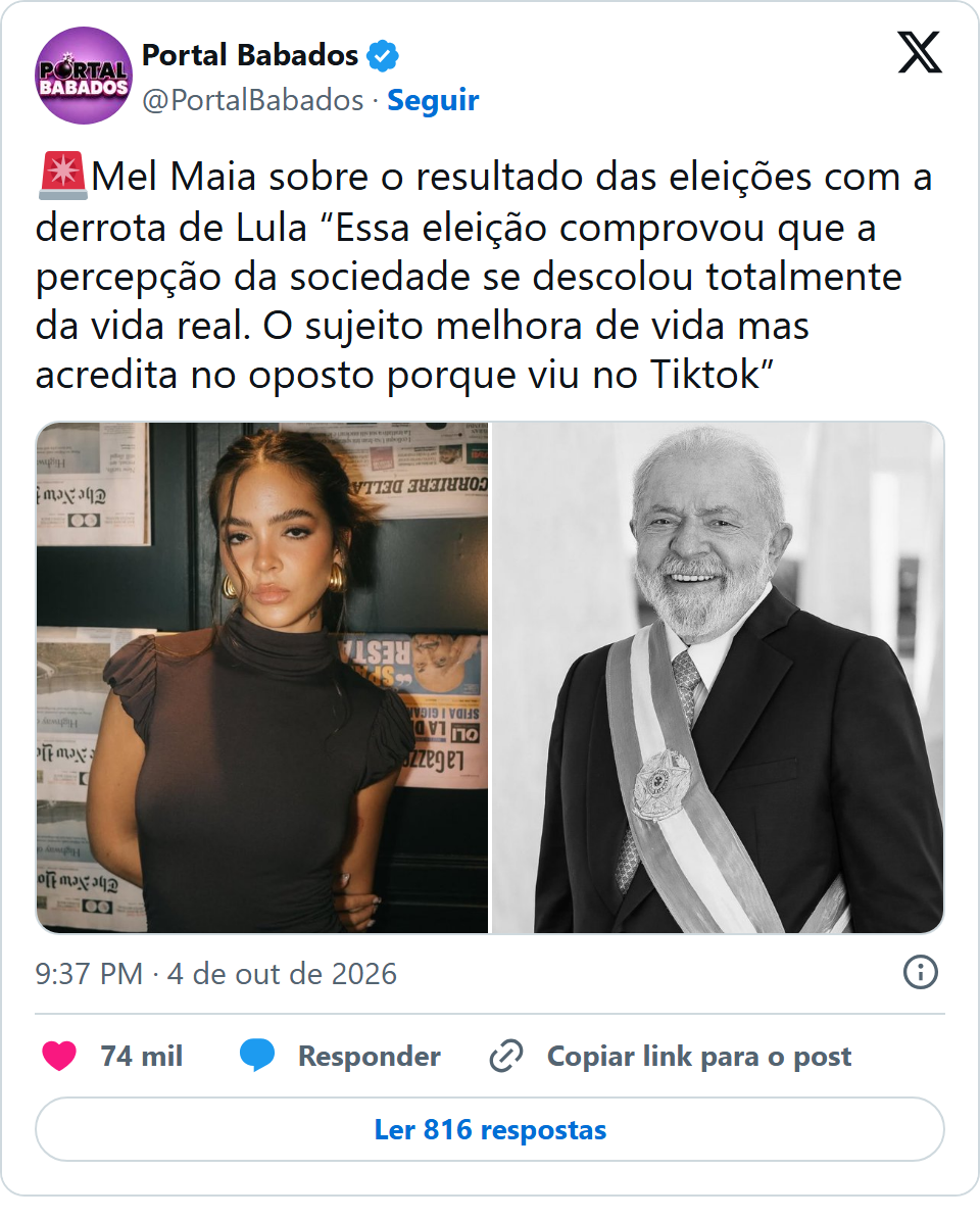 Print arquivado do post de Mel Maia em 04/10/2026