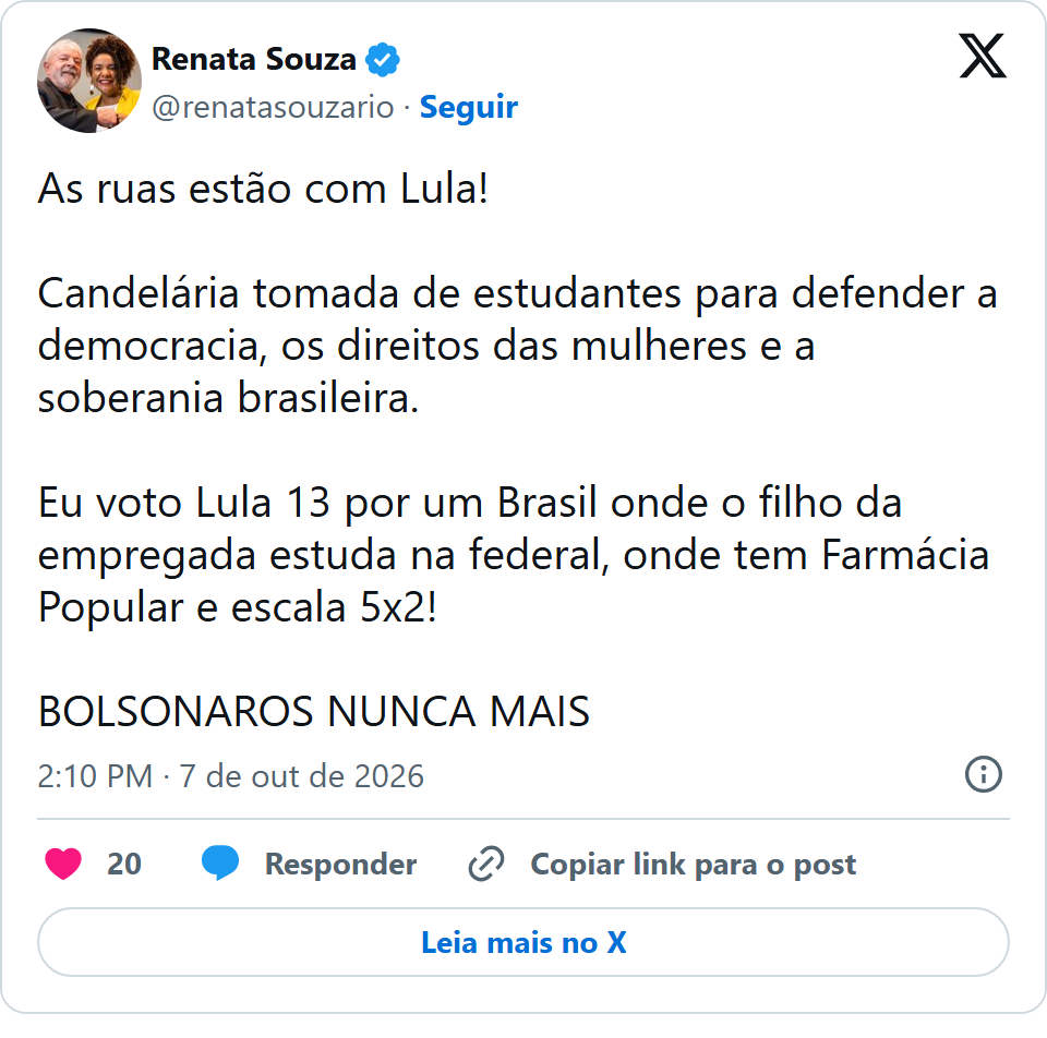 Print arquivado do post de Renata Souza em 07/10/2026