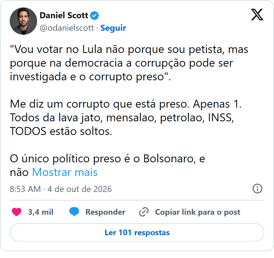 Print arquivado do post de Daniel Scott em 04/10/2026