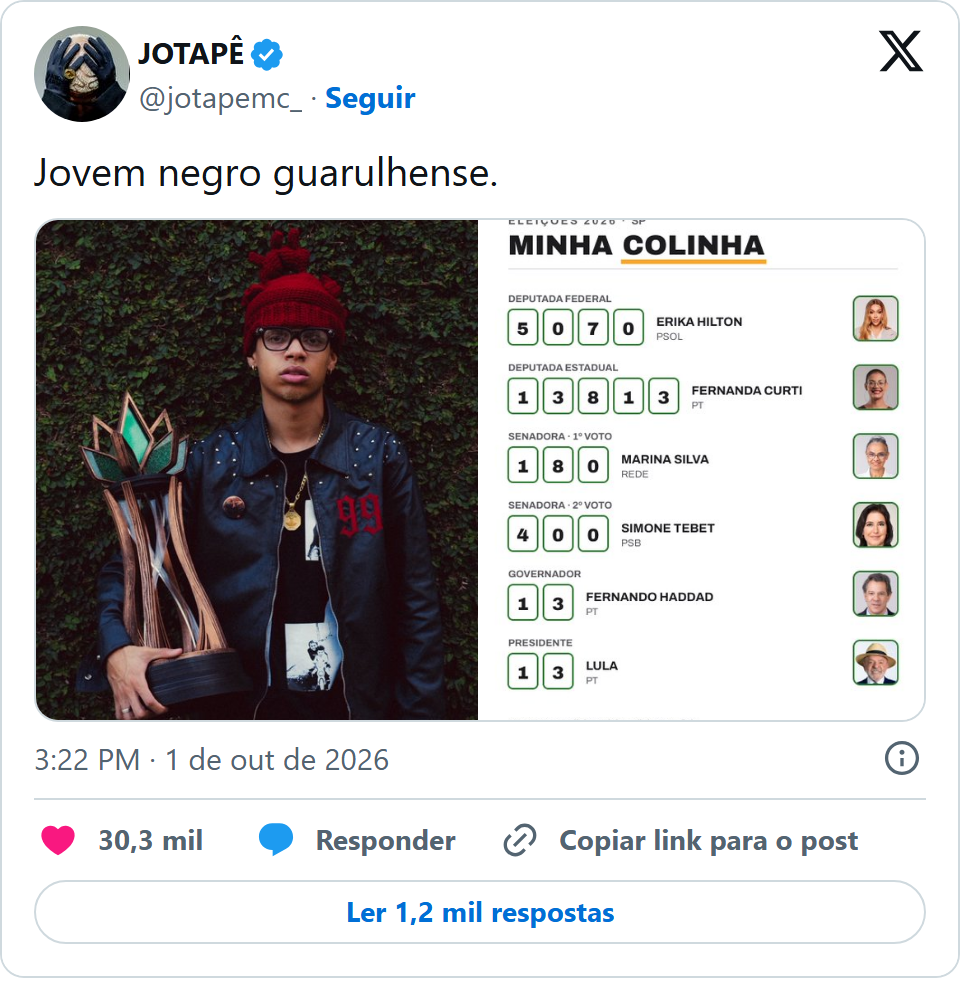 Print arquivado do post de Jotapê em 01/10/2026