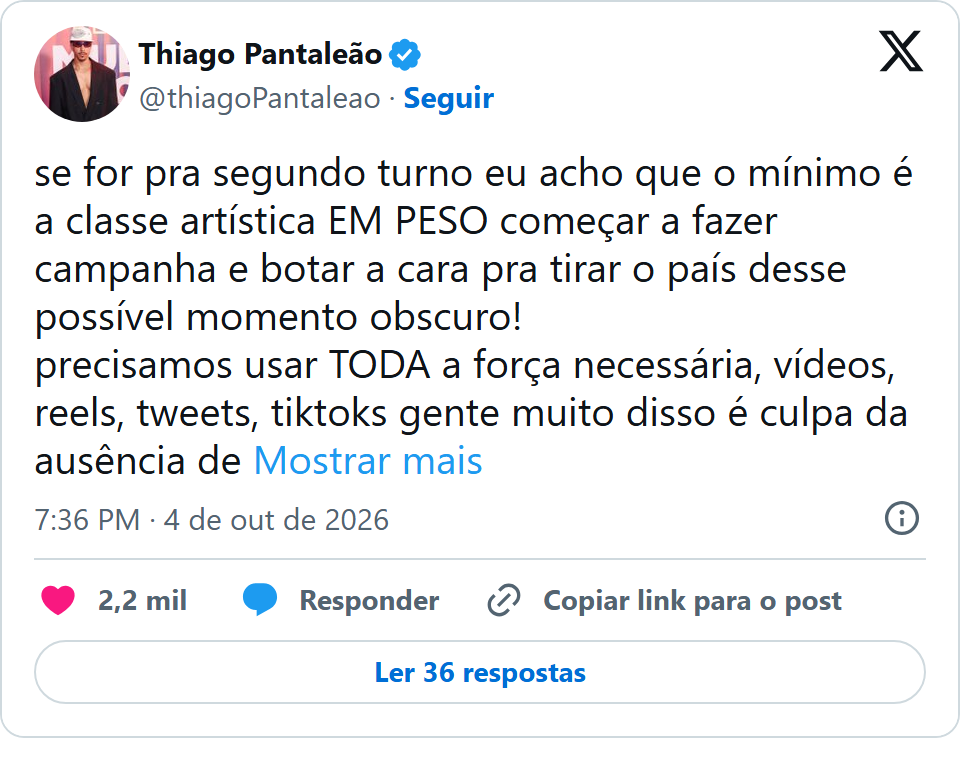 Print arquivado do post de Thiago Pantaleão em 04/10/2026