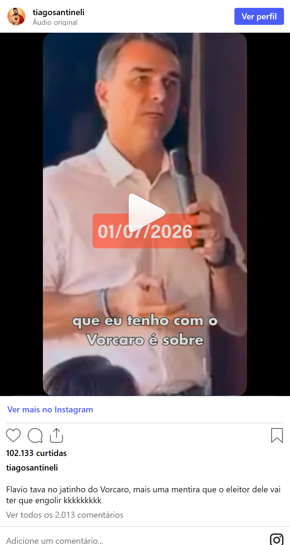 Print arquivado do post de Tiago Santineli em 24/09/2026