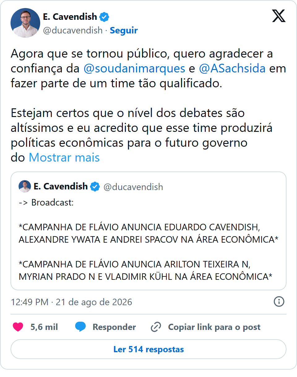 Print arquivado do post de Eduardo Cavendish em 21/08/2026