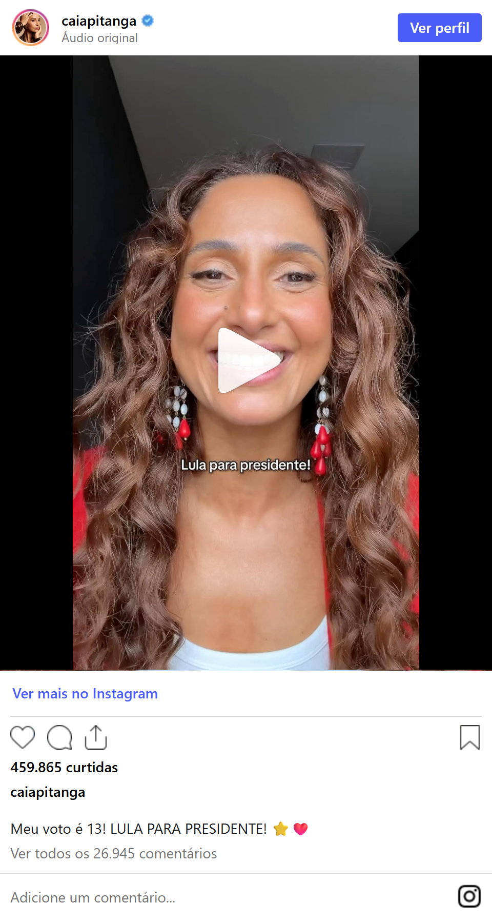 Print arquivado do post de Camila Pitanga em 02/10/2026