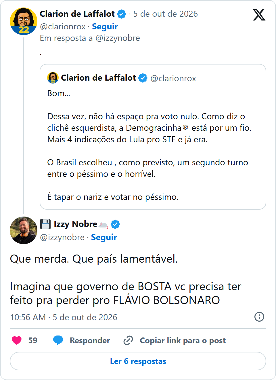 Print arquivado do post de Izzy Nobre em 05/10/2026