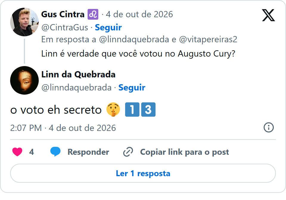 Print arquivado do post de Linn da Quebrada em 04/10/2026