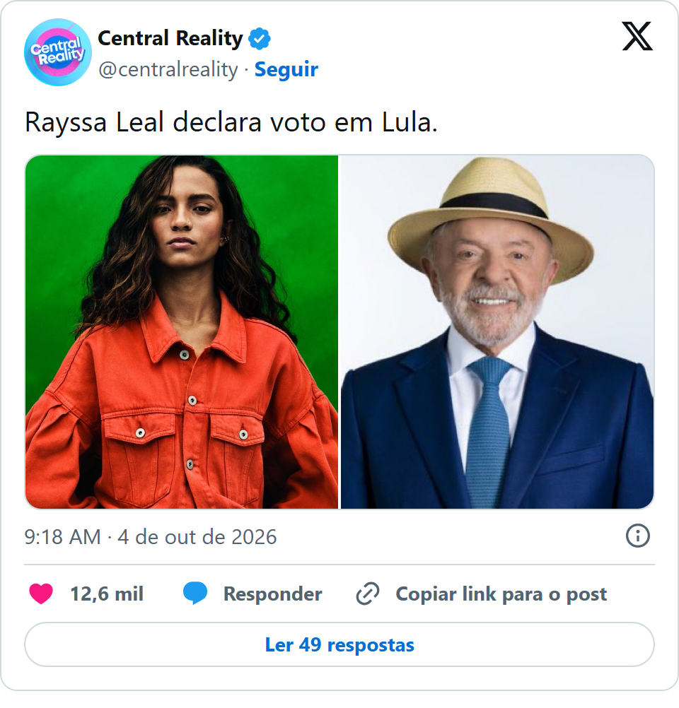 Print arquivado do post de Rayssa Leal em 04/10/2026