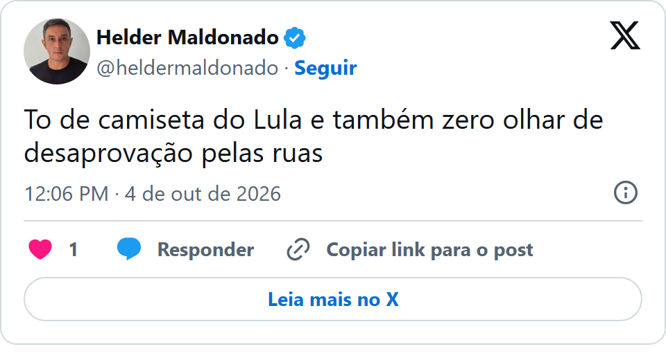 Print arquivado do post de Helder Maldonado em 04/10/2026